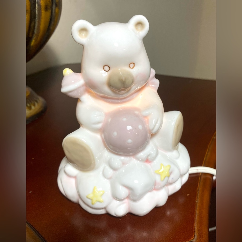NURSERY NIGHT LIGHT CERAMIC BEAR ON CLOUD with RATTLE & BALL Decoration - Picture 3 of 11